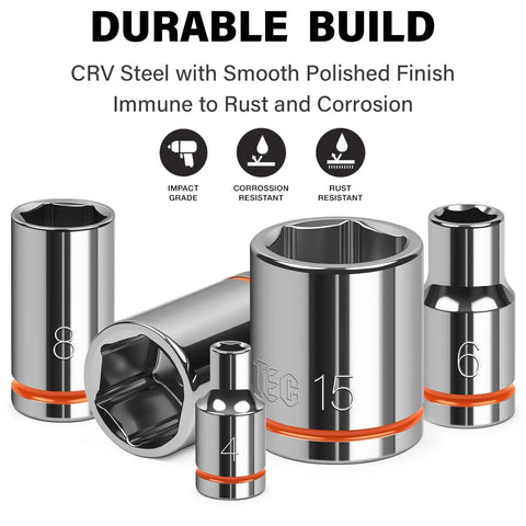 One Quarter Inch Drive Metric Master Socket Set, 14 Piece Shallow 6 Point Hex Socket Kit Covering 4mm To 15mm, shown with chrome vanadium steel sockets.