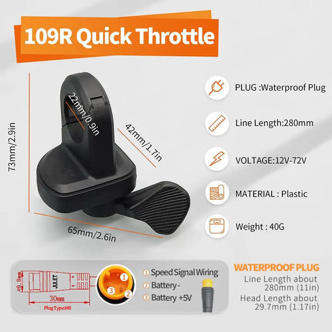 Right Thumb Throttle Speed Controller For Electric Bikes And Scooters Universal 24V 36V 48V 60V 72V Waterproof Plug EZ Install On 22mm Handlebars Without Removing The Bar End Smooth Acceleration With Hall Sensor