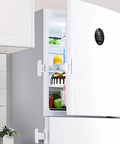 White fridge with Sticky Mount Automatic Fridge Door Closers Set For Cabinets And Drawers Locking Mechanism Keeps Doors Shut