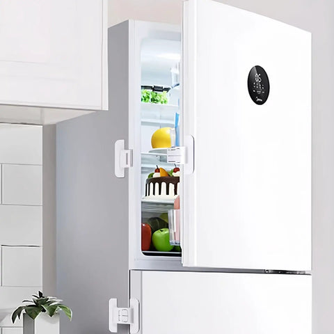White fridge with Sticky Mount Automatic Fridge Door Closers Set For Cabinets And Drawers Locking Mechanism Keeps Doors Shut