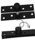 Close-up of black heavy duty stainless steel pivot hinges for hidden secret doors, showcasing smooth, quiet operation for cabinets.