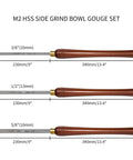 Built Solid Three Pack M2 High Speed Steel Bowl Gouge Set For Wood Turning with side grind design and 60 HRC hardness shown with sizes 10mm, 12mm, 16mm.