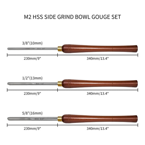 Built Solid Three Pack M2 High Speed Steel Bowl Gouge Set For Wood Turning with side grind design and 60 HRC hardness shown with sizes 10mm, 12mm, 16mm.