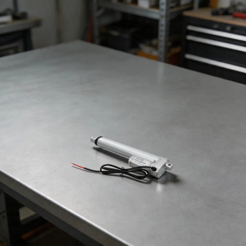 12V Electric Linear Actuator With Straight Push Pull Rod For Heavy Duty Industrial Automation And Sofa Lifts IP65 waterproof on a metal table.