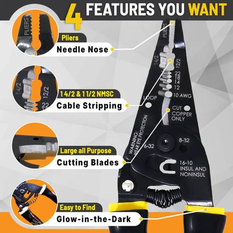 All In One Wire Stripper Cutter And Crimper For Electricians With Needle Nose Pliers, Ergonomic Glow In The Dark Handles, close-up features