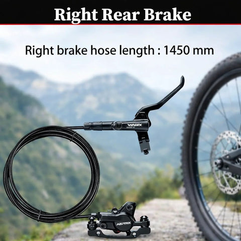 Side view of RUJOI MTB hydraulic disc brake set with black aluminum lever, caliper, 1450mm hose and 160mm rotor