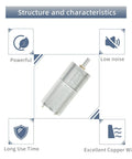 Two Pack 6-12V DC Gear Motors With Double Shaft High Torque Quiet 350 RPM All Metal Gears, structure and characteristics diagram