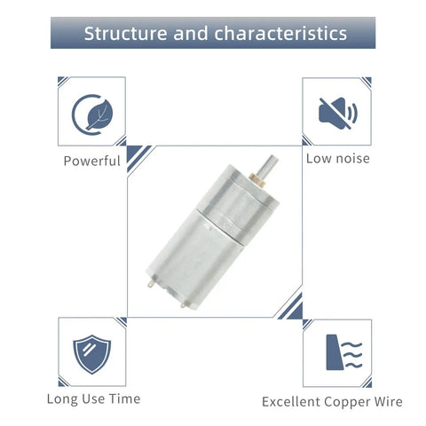 Two Pack 6-12V DC Gear Motors With Double Shaft High Torque Quiet 350 RPM All Metal Gears, structure and characteristics diagram