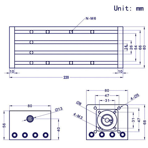 Technical drawing of Beefy Pro Grade 100mm Travel Linear Rail Guide With Dual Optical Axis And SFU1605 Ballscrew Nema 23 Stepper Motor Included CNC Router Linear Slide For Smooth Precise Motion showing dimensions.