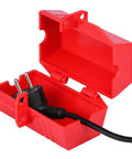 Industrial Grade Plug Lockout Device For Lockout Tagout, 110 To 125 Volt Power Cord Lockout System With Padlocks, red open case with cord