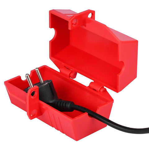 Industrial Grade Plug Lockout Device For Lockout Tagout, 110 To 125 Volt Power Cord Lockout System With Padlocks, red open case with cord