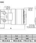 Technical drawing of hydraulic high torque orbital motor 2 bolt SAE A flange 500cc dimensions and specifications
