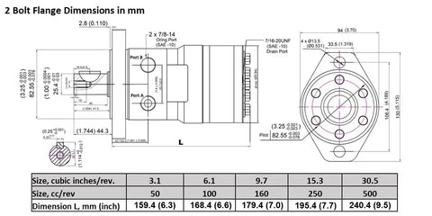 Technical drawing of hydraulic high torque orbital motor 2 bolt SAE A flange 500cc dimensions and specifications