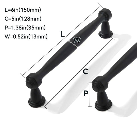 10 Pack 5 Inch Matte Black Cabinet Pulls Heavy Duty Drawer Handles For Kitchen Cabinets Bedroom Dressers Solid Metal Cupboard Knobs 128mm Center To Center close-up with dimensions