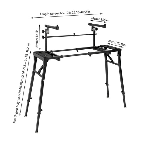 Portable Dual Laptop Stand With Adjustable Height And 2 Tier DJ Workstation showing dimensions, black frame
