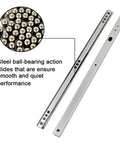 Close-up of Rock Solid Side Mounted Ball Bearing Drawer Slides Smoother Than Silk showcasing steel ball bearings for smooth performance.