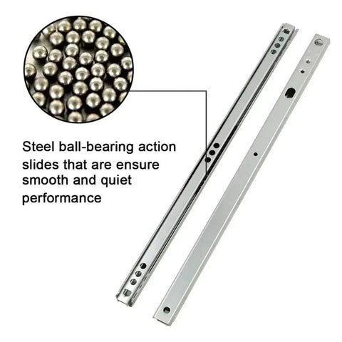 Close-up of Rock Solid Side Mounted Ball Bearing Drawer Slides Smoother Than Silk showcasing steel ball bearings for smooth performance.