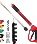 Red Beefy High Power Pressure Washer Gun With 40 Inch Wand Extension Five Nozzle Tips M22 Fittings 5000 PSI Performance Tool