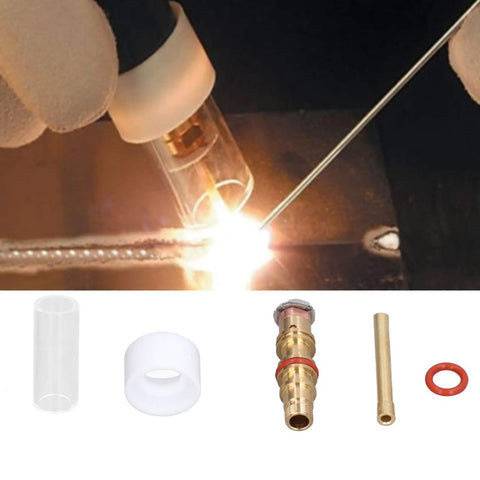 High Temp TIG Welding Torch Accessory Kit With Glass Cup Nozzle For 2 Point 4mm WP17 WP18 WP26 Argon Welder assembly with brass collet and O-ring.
