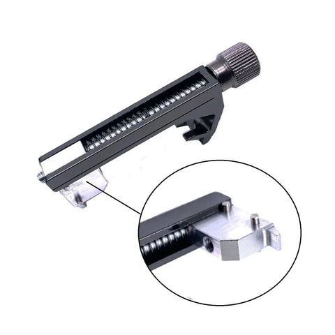 Slick Floating Tremolo Setup Blocks And Hella Smooth Sliders For Floyd Rose Electric Guitars with black calibration tool close-up.