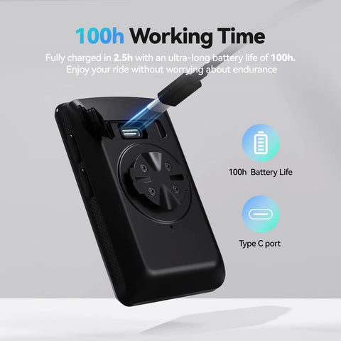 Wireless GPS Bike Computer With ANT Plus And Bluetooth Two Point Eight Inch LCD Screen IP67 Waterproof Auto Backlight And One Hundred Plus Hours Battery Endurance Ideal For Road And Mountain Cycling shown with USB-C charging port
