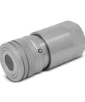 Flat-face hydraulic quick-connect coupling, 3/4 in NPT, skid-steer style, metal, angled view
