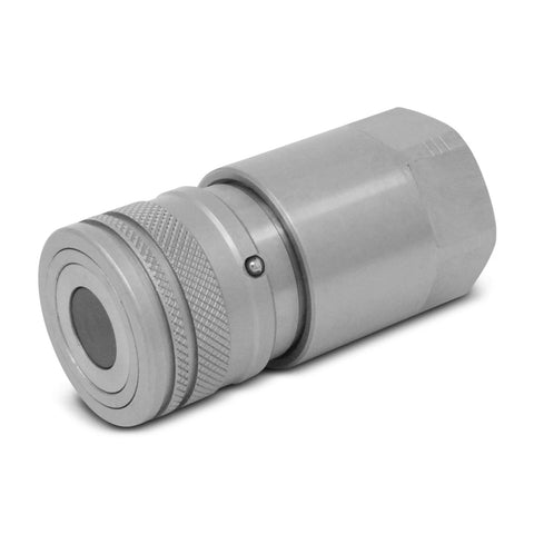 Flat-face hydraulic quick-connect coupling, 3/4 in NPT, skid-steer style, metal, angled view