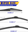 Nissan Rogue and Pathfinder Windshield Wiper Blade Set of 3 26 Inch 17 Inch 12 Inch OEM Replacement size diagram.