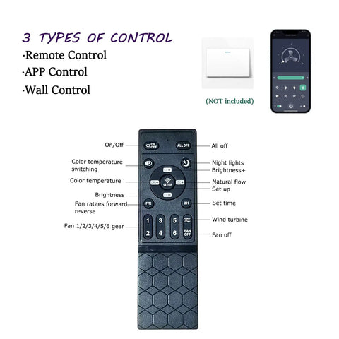 Low Profile 52 Inch Brown Ceiling Fan With Lights Remote And App Control showing remote features and app interface.