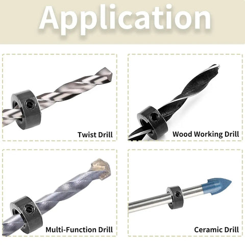 8 Pack Adjustable Drill Depth Stop Collar Set With Pro Grade Precision Guide Rings And Wrench used with various drill bits.
