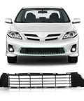 Front Bumper Lower Grille for 2011 2012 2013 Toyota Corolla, Direct Replacement, Primed Black ABS Plastic, exact fit displayed on vehicle.