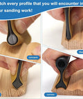 Clutch Ergonomic Contour Sanding Grip Set With Slick Non Slip Rubber Palm Pad And Tight 21 Profile Designs demonstrating concave, fillet, angle, and convex profiles on wood.