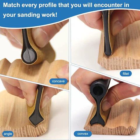 Clutch Ergonomic Contour Sanding Grip Set With Slick Non Slip Rubber Palm Pad And Tight 21 Profile Designs demonstrating concave, fillet, angle, and convex profiles on wood.