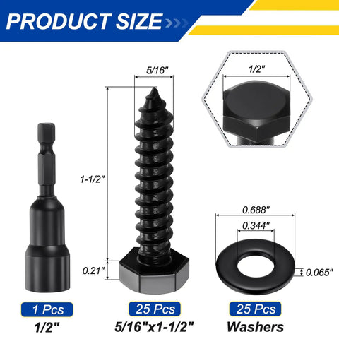 Beefy Heavy Duty Stainless Steel 304 Hex Head Lag Screws Kit, 5/16 x 1-1/2 Inch, dimensions and components shown