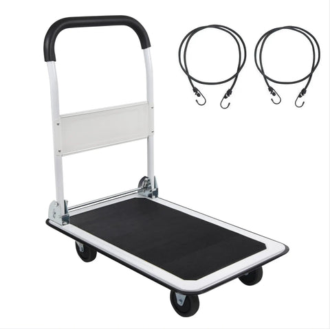 Foldable Platform Cart With 330 Lbs Capacity Four Wheel Flatbed Hauler For Quick Grab And Go Hauling Lightweight Yet Tough Compact White Cart With Two Ropes For Easy Loading And Storage.