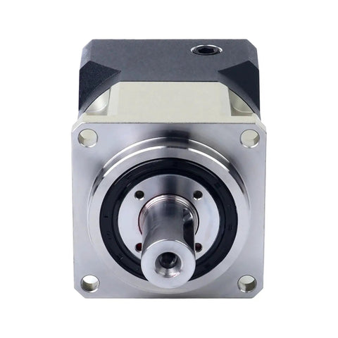 Top Shelf Planetary Gearbox And Helical Speed Reducer With 14 Mm Input Shaft IP65 Waterproof Sealing For 60 Mm Servo Motors Delivers Hella Smooth 5 To 1 Gear Reduction, showing metal gearbox front view.