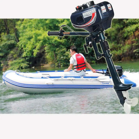Powerful 3.5HP 2 Stroke Outboard Motor With Water Cooling System mounted on inflatable boat on river