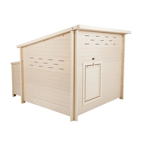 Ecoflex Jumbo Chicken Coop For 4 To 6 Chickens With No Fuss Assembly And Odor Resistant Build, rear view in Tan