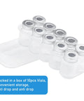10x 5ml empty glass injection vials with metal caps and grey seals in a white plastic rack