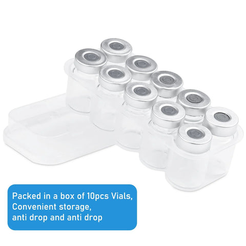 10x 5ml empty glass injection vials with metal caps and grey seals in a white plastic rack