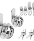 Image showing Keyed Alike Cam Locks For Cabinets And Drawers Five Eighths Inch Cylinder Fits Panels Up To Three Eighths Inch Thick Chrome Finish Zinc Alloy Two Pack with keys and plates.