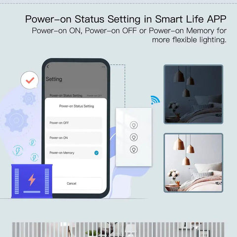 Triple Dimmer Smart Switch For LED Lights With Full Range Dimming, WiFi enabled app settings interface and usage examples.