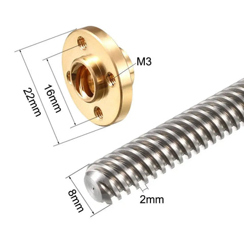 Close-up of 100mm Long T8 Lead Screw Rod 8mm diameter with copper nut, showcasing eight lead trapezoidal thread for DIY 3D printer Z axis.