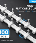 Durable Nail In Cable Clips Set of 100 for 8mm Cords and RJ45 Cat5 to Cat7 Ethernet Cables Flat Wall Mount Clips for Coax Speaker Wire and Cords Easy Install With Hardened Nails and Stable Plastic, 8mm flat cable clips with nails