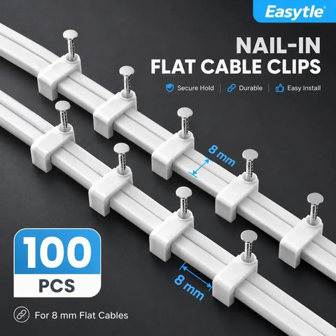 Durable Nail In Cable Clips Set of 100 for 8mm Cords and RJ45 Cat5 to Cat7 Ethernet Cables Flat Wall Mount Clips for Coax Speaker Wire and Cords Easy Install With Hardened Nails and Stable Plastic, 8mm flat cable clips with nails