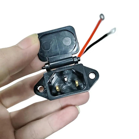 Universal Three Hole EBike Charger Socket With 12AWG Electric Vehicle Connector Plug, open lid, 45cm lead, visible copper core