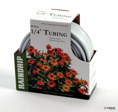 One Quarter Inch Drip Irrigation Tubing, 50 Foot White Polyethylene Supply Line for drip systems packaging with flowers