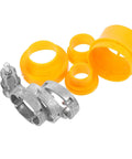 Heavy Duty Alloy Iron Pipe Threader Tool Kit With Multiple Dies For Hose And Water Pipes includes yellow attachments and metal clamps.