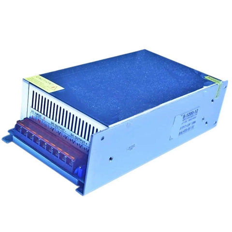 Heavy Duty 12V 100A Switching Power Supply For Motors And Industrial Control Equipment Delivers 1200W DC Power With Overload And Short Circuit Protection Plus Undervoltage And Overtemperature Safeguards And Custom Voltage Options. blue metal power supply with terminal block