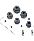 Beefed-Up Hardened Metal RC Pinion Gear Set, 32P, 5mm Inner With 3.175mm Coupler, Includes 13T 15T 17T 19T 21T, gear pieces and tool shown